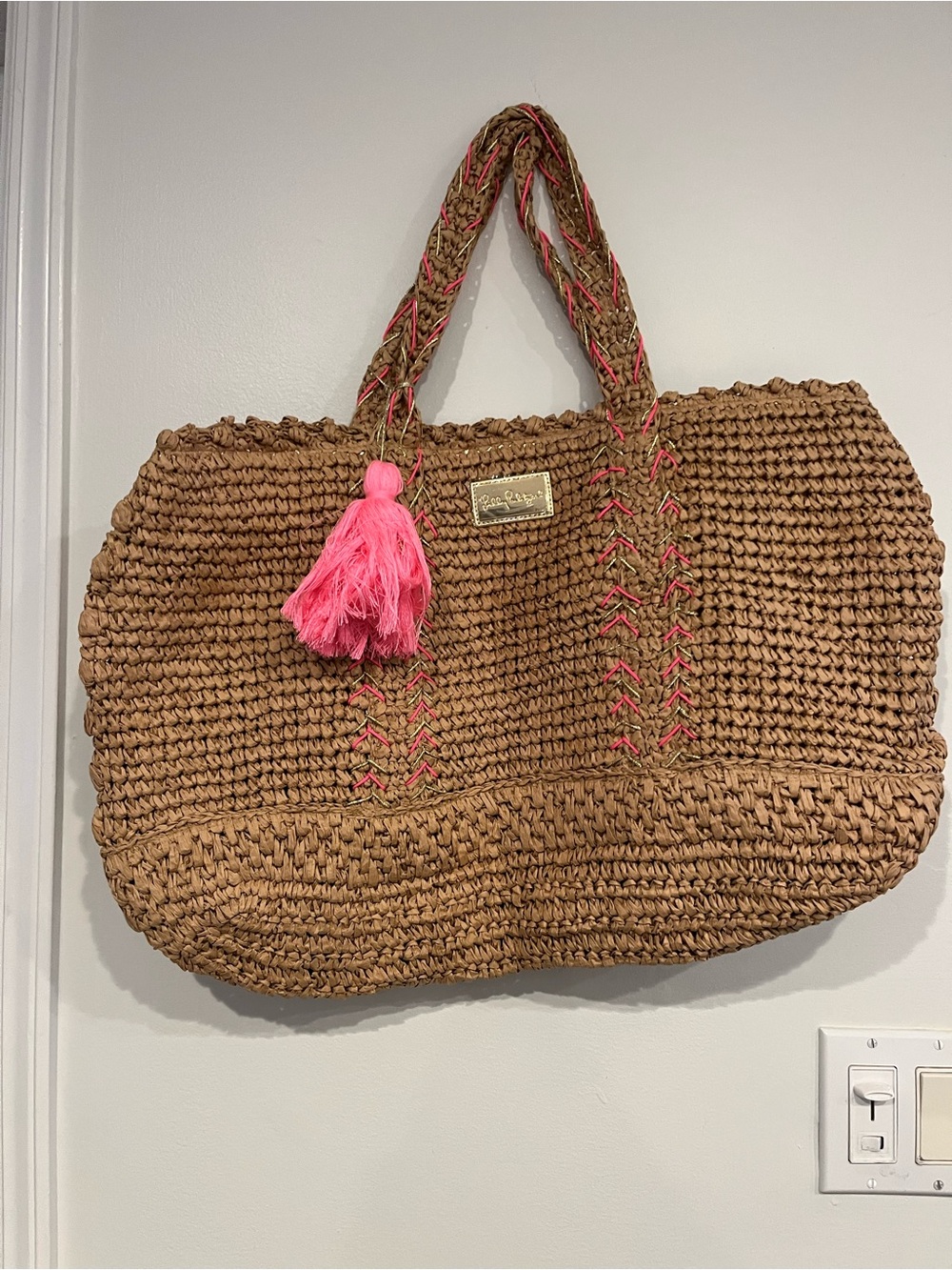 Lilly Pulitzer Brown Woven Tote with Pink Tassel